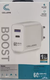 CELLER מטען קיר+עם כבל ! מומלץ וחזק ! יו אס בי ! 60 וואט !  TYPE C USB סופר מדיקה