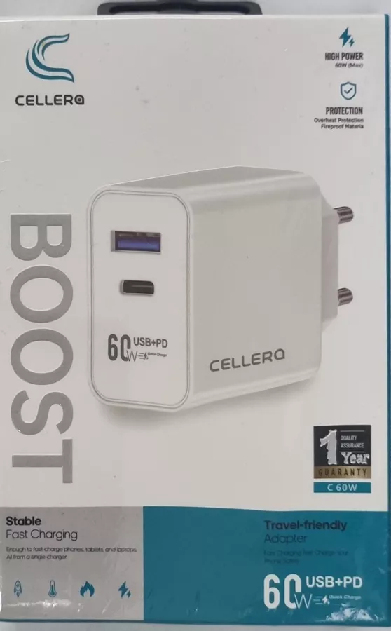 CELLER מטען קיר+עם כבל ! מומלץ וחזק ! יו אס בי ! 60 וואט !  TYPE C USB