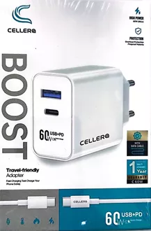 CELLER מטען קיר+עם כבל ! מומלץ וחזק ! לאייפון !  60 וואט !  TYPE C USB סופר מדיקה