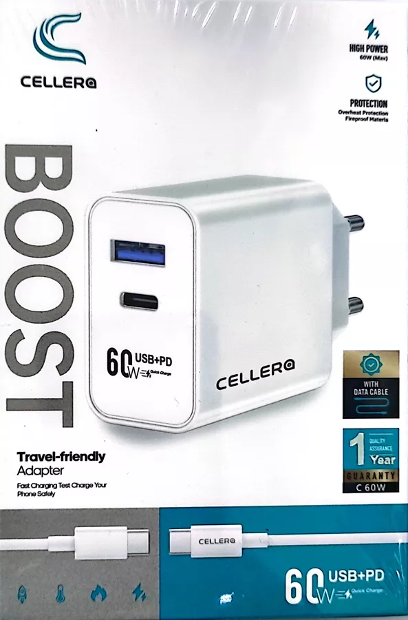 CELLER מטען קיר+עם כבל ! מומלץ וחזק ! לאייפון !  60 וואט !  TYPE C USB