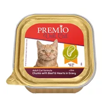 פרמיו דליקט שימורי מזון מלא לחתולים בוגרים נתחים עם בשק בקר ולבבות ברוטב 12+ חודשים 95 גרם / PREMIO סופר מדיקה