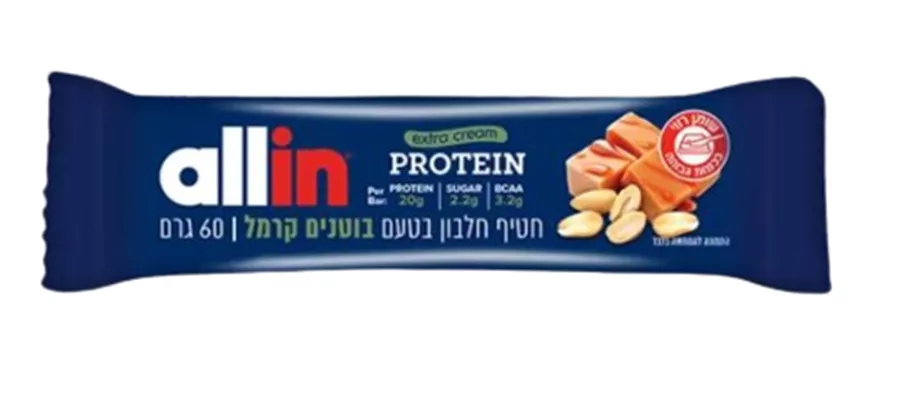 אול אין חטיף חלבון פרוטאין בטעם בוטנים קרמל 60 גרם / ALL IN