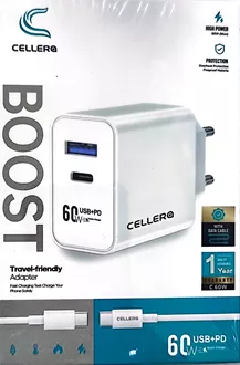 CELLER מטען קיר+עם כבל ! מומלץ וחזק ! טייפ סי!  60 וואט !  TYPE C USB סופר מדיקה
